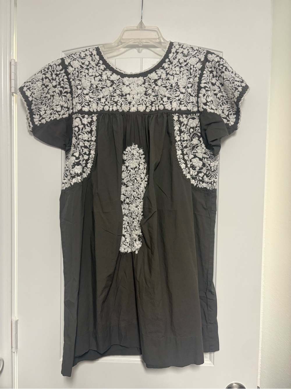 Sister Mary Embroidered Grey Cotton Tunic Dress with White Floral Yoke